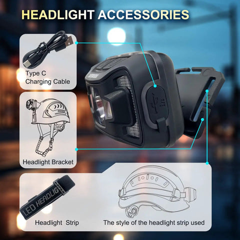 Rechargeable Headlamp For G2C Type II And G2E Hard Hats Dual Mode Front Clip Light With Built In 1800mAh Battery shown with accessories