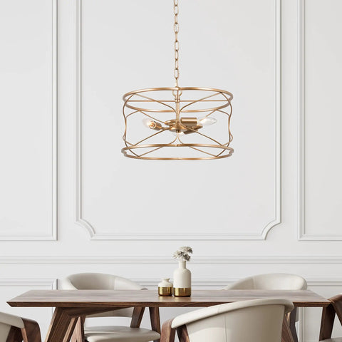Gold Drum Chandelier 3 Light Modern Fixture For Dining Room Living Room Bedroom Kitchen And Bathroom with flower shape shade.