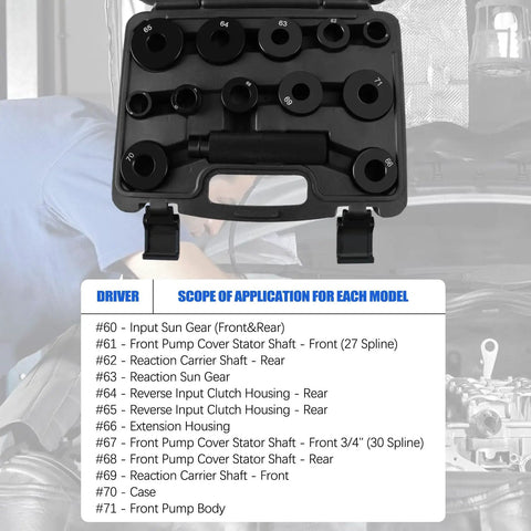 Pro Grade GM Transmission Bushing Driver Kit 13 Piece Master Set For 700R4 4L60 4L60E 4L65E organized in case with chart