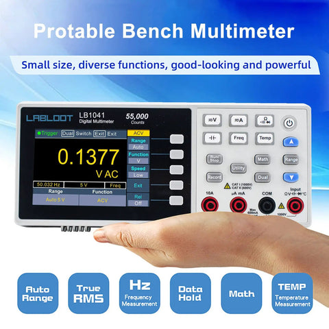 Hand holding USB Digital Multimeter With True RMS 55000 Counts 3.7 Inch LCD Screen Temperature Reading Mini Desktop Meter