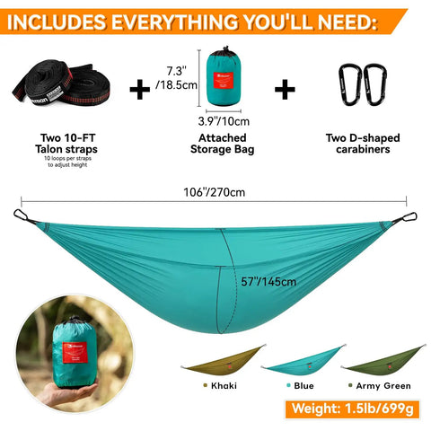 Ultralight Camping Hammock For Outdoors And Backpacking, Portable Nylon Hammock Supports Up To 440 Lbs with accessories and size details