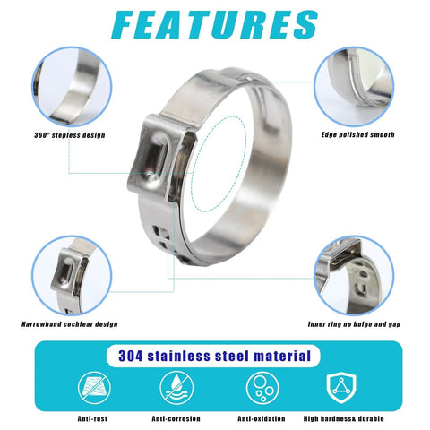 370 Piece 16 Size Single Ear Hose Clamps Set 5.3 To 36.1 mm 304 Stainless Steel Crimp Hose Clamps Assortment Kit features.
