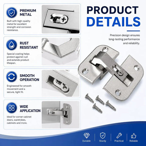 Close-up of Heavy Duty Adjustable Concealed Pie Cut Corner Cabinet Hinge With Smooth As Butter Quiet Close And Rust Resistant Nickel Finish, showcasing details and installation screws.