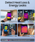 Collage of Android Thermal Camera With 512x384 IR Resolution in use for home, industrial, electrical, and heating inspections.