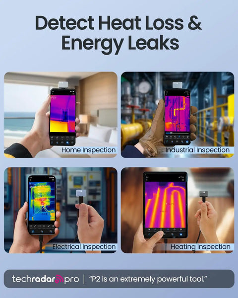 Collage of Android Thermal Camera With 512x384 IR Resolution in use for home, industrial, electrical, and heating inspections.