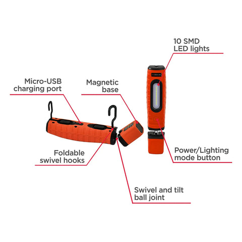 Cordless 400 Lumen LED Work Light Torch Portable With 360 Degree Swivel 90 Degree Tilt Magnetic Mounts Rechargeable Battery SL360RU features