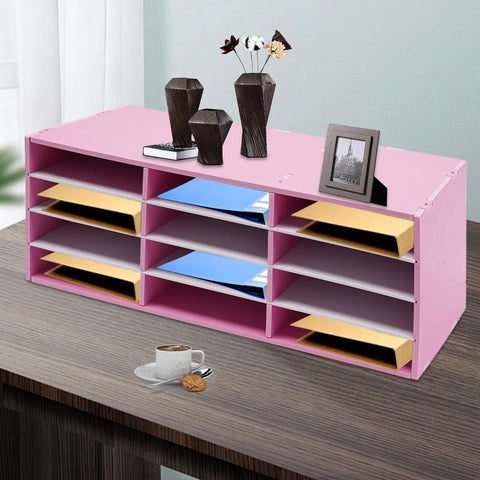 Pink 12 Slot Mail Sorter Organizer For Office And Home Desk PVC File Holder With Top Platform for keys and envelopes