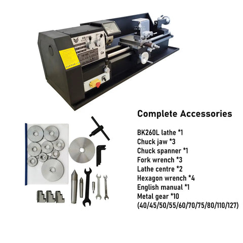 Top Tier 750W Heavy Duty Bench Metal Lathe Featuring MT4 Spindle Taper And Dual Speed Settings From 115 To 1620 Rpm with accessories.