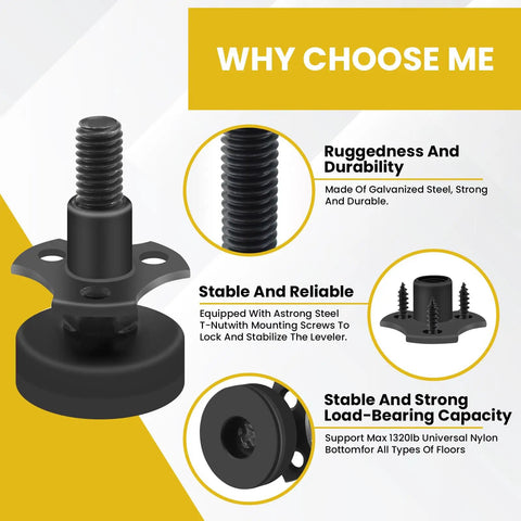 Adjustable Leveling Feet Set 4 Pack Three Eighths Inch 16 Threaded Heavy Duty Beefy Leg Levelers With T Nut Kit Large Base