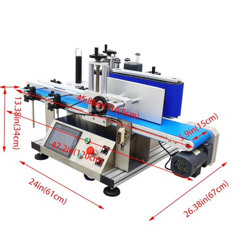 Slick Automatic Desktop Conveyor Round Bottle Labeler Featuring Precision Photoelectric Sensor And Quick Dial Adjustments For Fast Twenty To Two Hundred Bottles Per Hour Packaging Hustle, with dimensions shown.