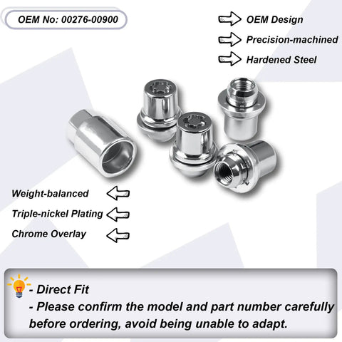 Image of Four Piece M12 X 1.5 Wheel Lock Lug Nuts Set With One Key. Shiny chrome locks and key with OEM Design Direct Fit Replacement For 00276-00900. Easy Install and heavy duty anti-theft protection for cars, trucks, and SUVs.