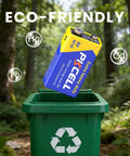 Heavy Duty 9V Batteries 10 Pack Carbon Zinc Power Cells being dropped into a green recycling bin outdoors.