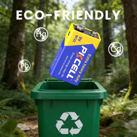 Heavy Duty 9V Batteries 10 Pack Carbon Zinc Power Cells being dropped into a green recycling bin outdoors.