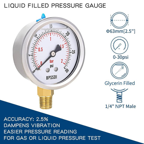 Front view of BPSSDI glycerin-filled pressure gauge, 2.5-inch dial, 0-30 psi, 1/4 NPT male, stainless steel case