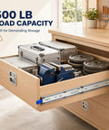60 Inch Beefy Heavy Duty Drawer Slides With Full Extension Ball Bearing 500Lb Capacity Per Pair Ultra Solid Steel Build Smooth Silent Operation 76mm Rail Width Durable Hardware For Cabinets installed on a full extension cabinet drawer with heavy tools