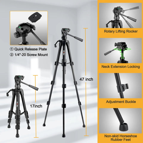Self Leveling Laser Level With 47 Inch Tripod IP54 Rechargeable Green Laser 65 Feet Range 3 Brightness Line Modes Type C Charging, 47in tripod