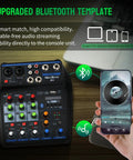 4 Channel DJ Mixer With Bluetooth Streaming, Built In MP3 Player shown with smartphone for wireless connectivity