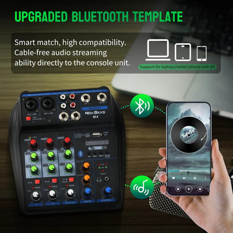 4 Channel DJ Mixer With Bluetooth Streaming, Built In MP3 Player shown with smartphone for wireless connectivity
