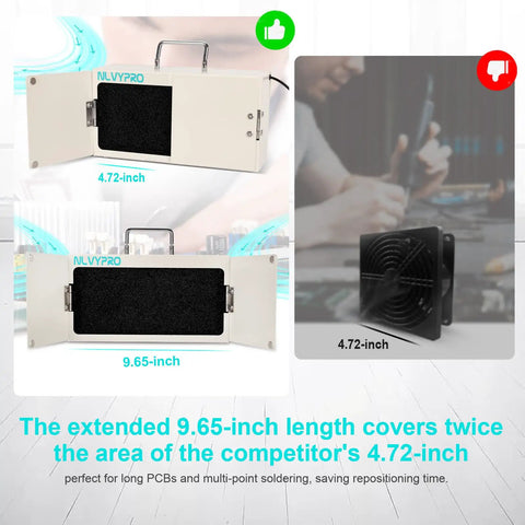 Comparison of Dual Fan Soldering Fume Extractor With H13 HEPA Filter, 3200 RPM vs competitor, showing dimensions 9.65-inch vs 4.72-inch.