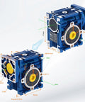 High torque worm gearbox with blue housing and dimensions for Nema motors, ideal for CNC and automation projects, shown in detail view.