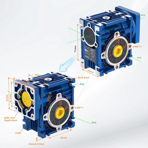 High torque worm gearbox with blue housing and dimensions for Nema motors, ideal for CNC and automation projects, shown in detail view.