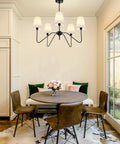 Dining room with Five Light Modern Black Farmhouse Chandelier With Linen Beige Fabric Shades, 30 Inch Adjustable Pendant Ceiling Light.