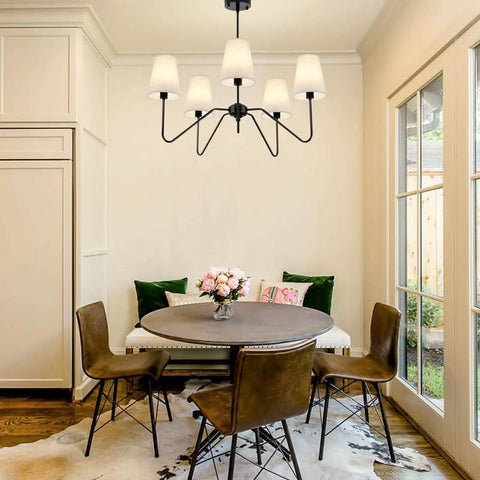 Dining room with Five Light Modern Black Farmhouse Chandelier With Linen Beige Fabric Shades, 30 Inch Adjustable Pendant Ceiling Light.