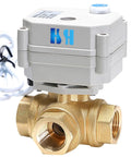 12V DC Motorized Brass Ball Valve With L Port, Three Way, NPT Inlet, Position Feedback, Reverse Polarity On Off, front view