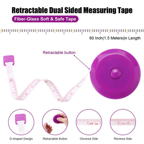 Retractable 60 Inch Tape Measure Set For Sewing, Crafting And DIY, fiberglass non stretch mini measuring tape in purple case