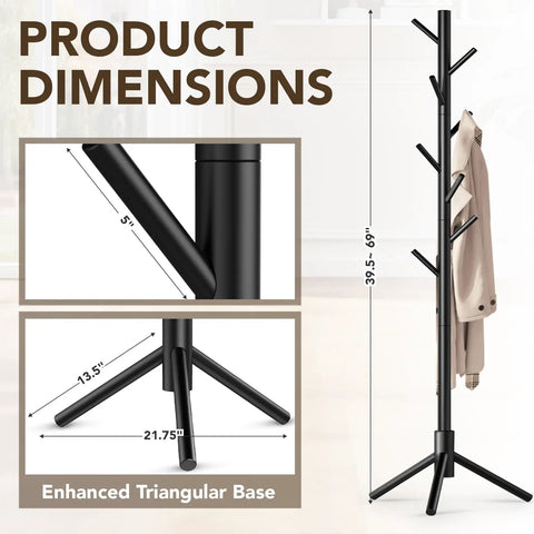 Wooden Tree Coat Rack Stand With Eight Hooks, Freestanding Coat Tree For Entryway, Dimensions 39.5-69 in, Pine Wood Organizer
