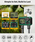 Two Zone Sprinkler Timer with Brass Inlet and Outlet, showing LCD screen, knobs, and faucet connection for easy setup