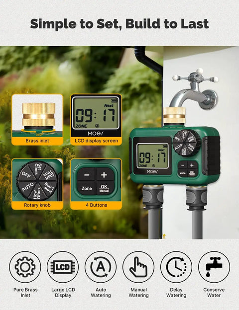 Two Zone Sprinkler Timer with Brass Inlet and Outlet, showing LCD screen, knobs, and faucet connection for easy setup