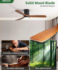 Top Notch 52 Inch Wood Ceiling Fan With Dimmable LED Lights And Wireless Remote Low Profile Build For Large Bedrooms Six Whisper Quiet Speeds Smart Auto Timer showing solid wood blades and installation.