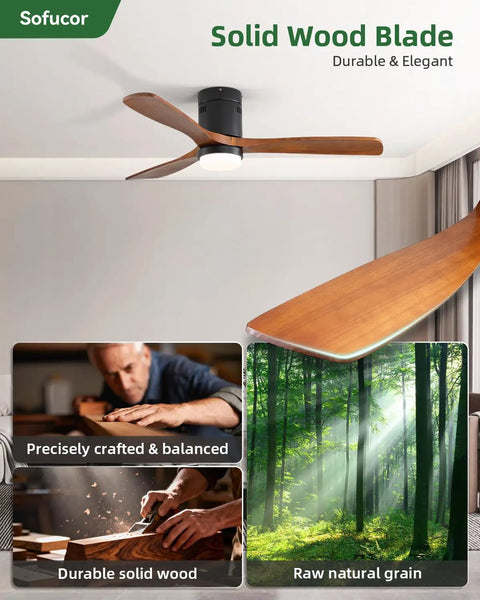 Top Notch 52 Inch Wood Ceiling Fan With Dimmable LED Lights And Wireless Remote Low Profile Build For Large Bedrooms Six Whisper Quiet Speeds Smart Auto Timer showing solid wood blades and installation.