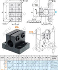 Diagram and image of Metric Carbon Steel Bracket Guide Shaft Support With T Flange Seat Strut Clamp, 20 mm bore, STB type.