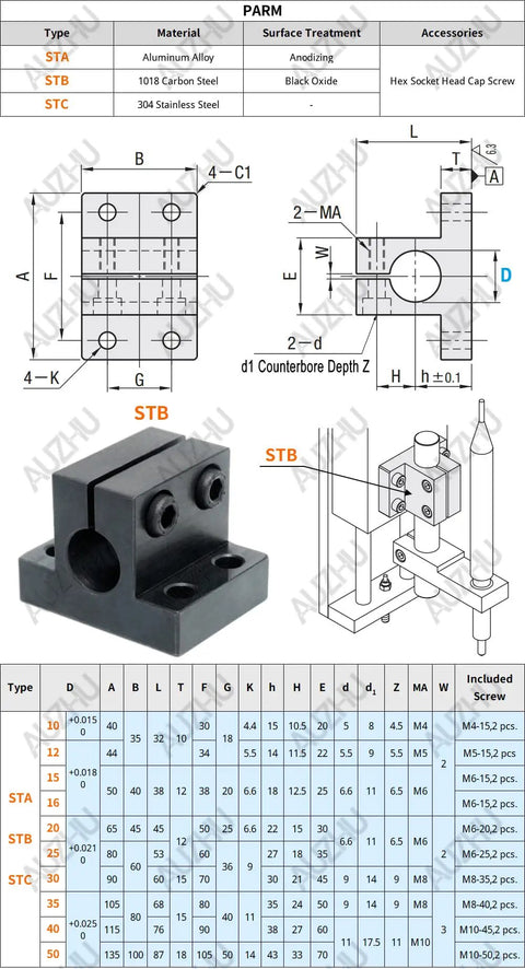 Diagram and image of Metric Carbon Steel Bracket Guide Shaft Support With T Flange Seat Strut Clamp, 20 mm bore, STB type.