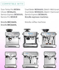 Six Breville espresso machines in silver stainless steel, front view.