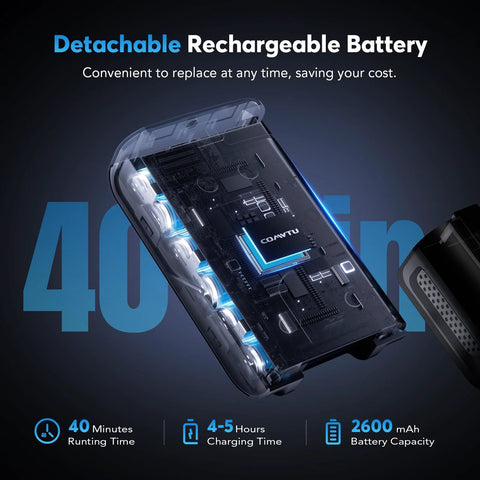 Front view of Comvtu cordless vacuum detachable battery with exposed blue-lit cells and circuitry (2600mAh)