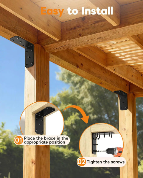 Hardcore Heavy Duty L Brackets Ninety Degree Corner Brace System Five By Five By Two Point Five Inches Black mounted on wooden frame.
