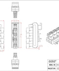 Technical drawing of Compact 5x2 Pluggable Screw Terminal Block Distribution Module For DIN Rail Mount, 10A At 300V Per Channel, 5.08mm pitch.