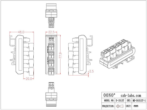 Technical drawing of Compact 5x2 Pluggable Screw Terminal Block Distribution Module For DIN Rail Mount, 10A At 300V Per Channel, 5.08mm pitch.