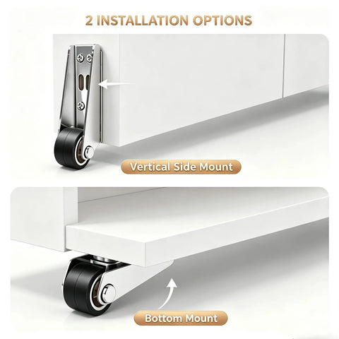 4 Pack Hella Durable Vertical Track Roller Wheels installation options for barn doors and cabinets with vertical and bottom mounts.