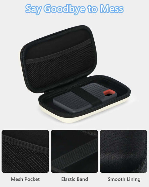 Small Hard Shell Tech Organizer Pouch Portable Carrying Case for Electronics Built Workhorse Grade yet Light Stays Put in Backpack, showing interior with mesh pocket and elastic band.
