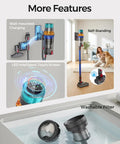 Badass Cordless Vacuum Cleaner With Smart Auto Mode showing wall-mount charging, LED screen, and washable filter features.