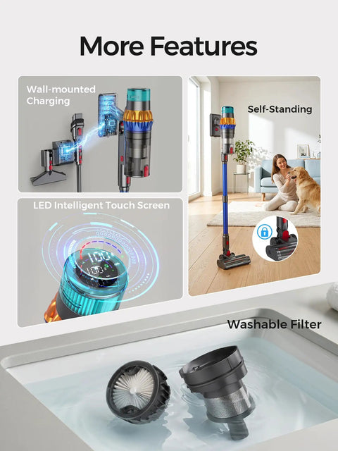 Badass Cordless Vacuum Cleaner With Smart Auto Mode showing wall-mount charging, LED screen, and washable filter features.
