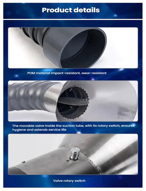 Close-up of the movably valve and PVC articulated dust hose of the Straight Up Reliable Fume Extraction Arm featuring 360 Degree rotatable articulated dust hose.