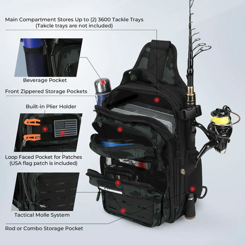 BlowBak Tactical Sling Tackle Bag Lightweight Fishing Backpack with rod holder and multiple storage pockets for hiking and SUP