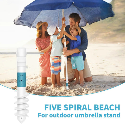 Family uses Heavy Duty Beach Umbrella Sand Anchor Base with 5 Spiral Screw Design and Removable Stainless Steel Handle on beach