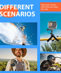 Collage of different scenarios using 70in1 Action Camera Accessories Kit For GoPro and most cameras, including outdoor and sports scenes.