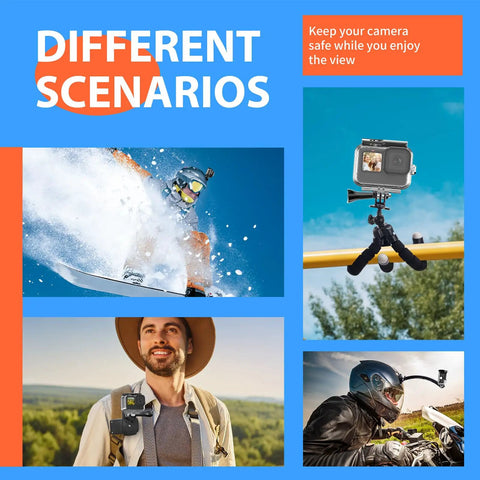 Collage of different scenarios using 70in1 Action Camera Accessories Kit For GoPro and most cameras, including outdoor and sports scenes.